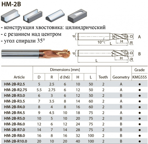 HM-2B-R10 KMG555 фреза сферическая