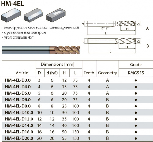 HM-4EL-D12 KMG555 фреза концевая