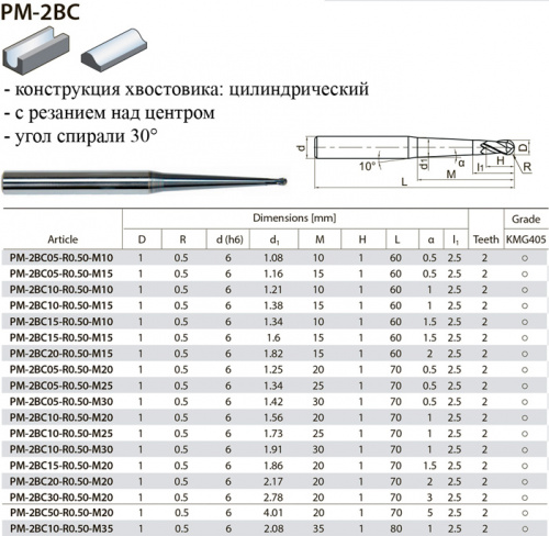 PM-2BC05-R0.50-M15 KMG405 фреза сферическая