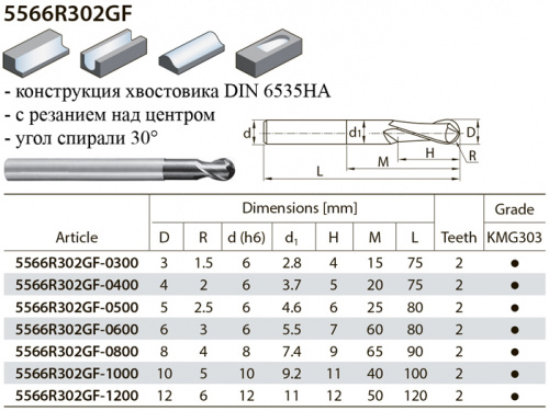 5566R302GF-1200 KMG303 фреза сферическая